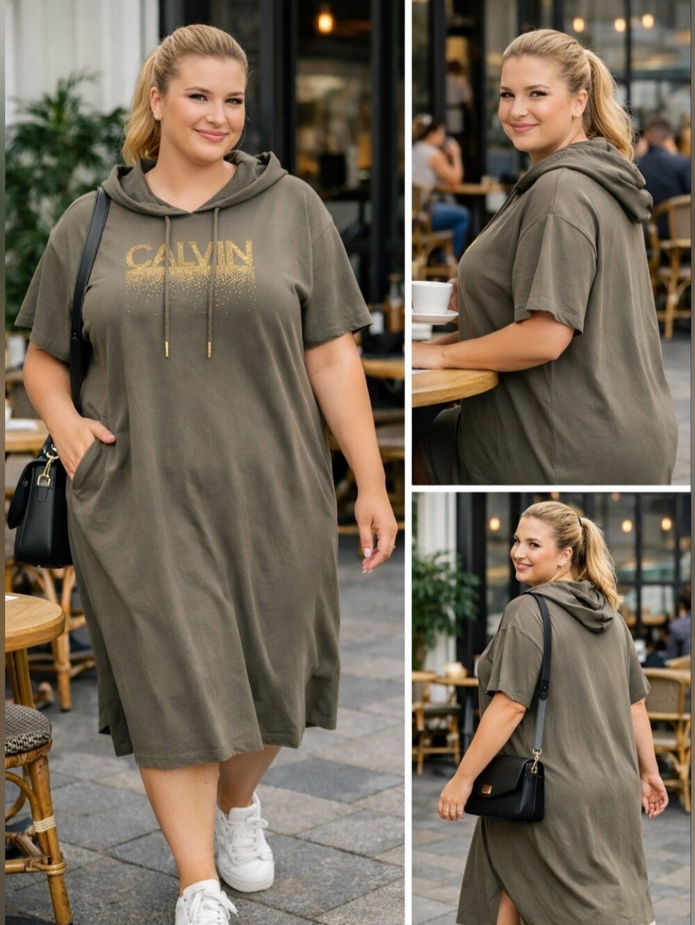Calvin Klein Khaki/Olive Green Hooded Dress with Gold Logo Stretch Cotton 2X - Picture 5 of 15